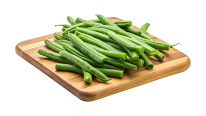 Fresh green beans elegantly displayed on a light colored wooden cutting board on transparent background png