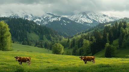 Fototapeta premium Serene Alpine Pasture with Cows Grazing