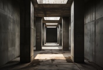 Fototapeta premium a long, concrete corridor is dramatically lit by rectangular skylights creating a sense of depth and solemnity.