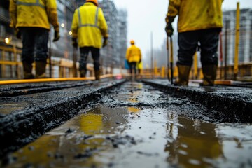 Workers in yellow jackets on a construction site with wet ground and machinery in the background.