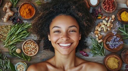 A smiling woman surrounded by natural remedies and wellness symbols.