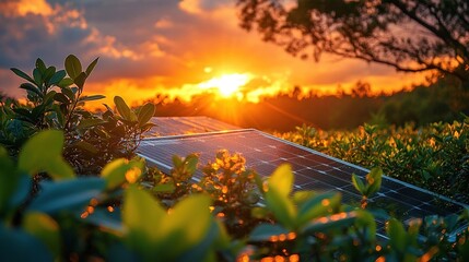 Solar panel amidst vibrant greenery illuminated by the warm glow of sunset, highlighting renewable energy in a natural setting