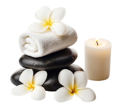 Spa composition with towel, candle, stones, and flowers, isolated on transparent cutout background