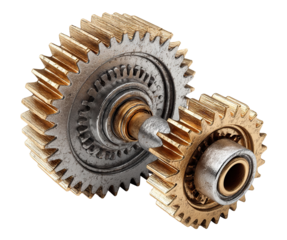 Two connected metal gears with golden teeth, isolated on transparent cutout background