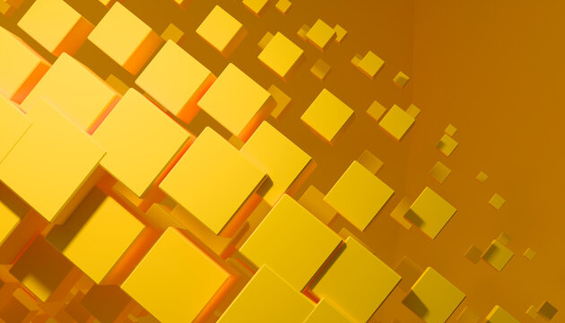 Abstract 3D render of orange cubes and squares in a geometric pattern