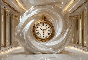a gilded clock encircled by swirling, translucent fabric stands as a focal point within a lavish, gold-accented corridor.