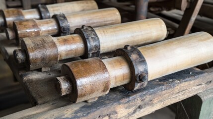 Aged wooden rollers on antique machinery