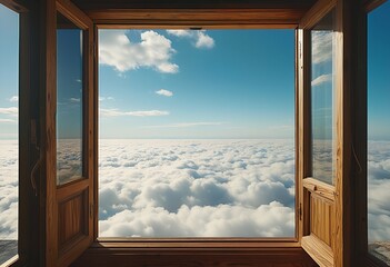 a wooden window frame offers a breathtaking view of a serene, expansive cloudscape under a clear blue sky.