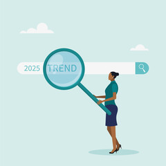 Character using magnifying glass to discover website. Researching 2025 trends, vision of new business or career opportunity. Vector illustration.	