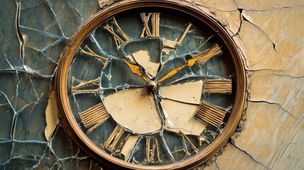 Obraz premium Shattered Time: A Broken Clock on a Weathered Wall