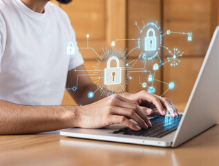 Person using laptop with glowing padlock icons and tech graphics overlay, shown in a modern indoor setting, symbolizing cybersecurity and data safety, Ai generative