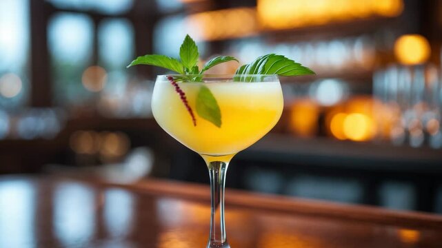 Sophisticated yellow drink topped with passion fruit and basil on a glass surface.