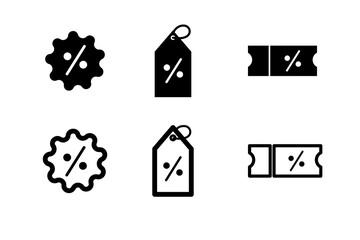 Discount Icons Set – Sale, Coupon, Tag and Percentage Symbols in Outline and Solid Styles.