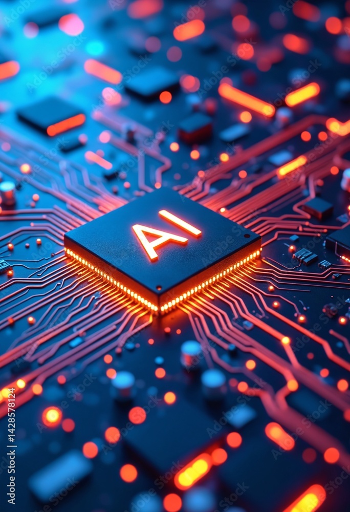 Poster AI word on microchip and colorful light spread with strong beam , AI concept with copyspace banner background, Generative AI