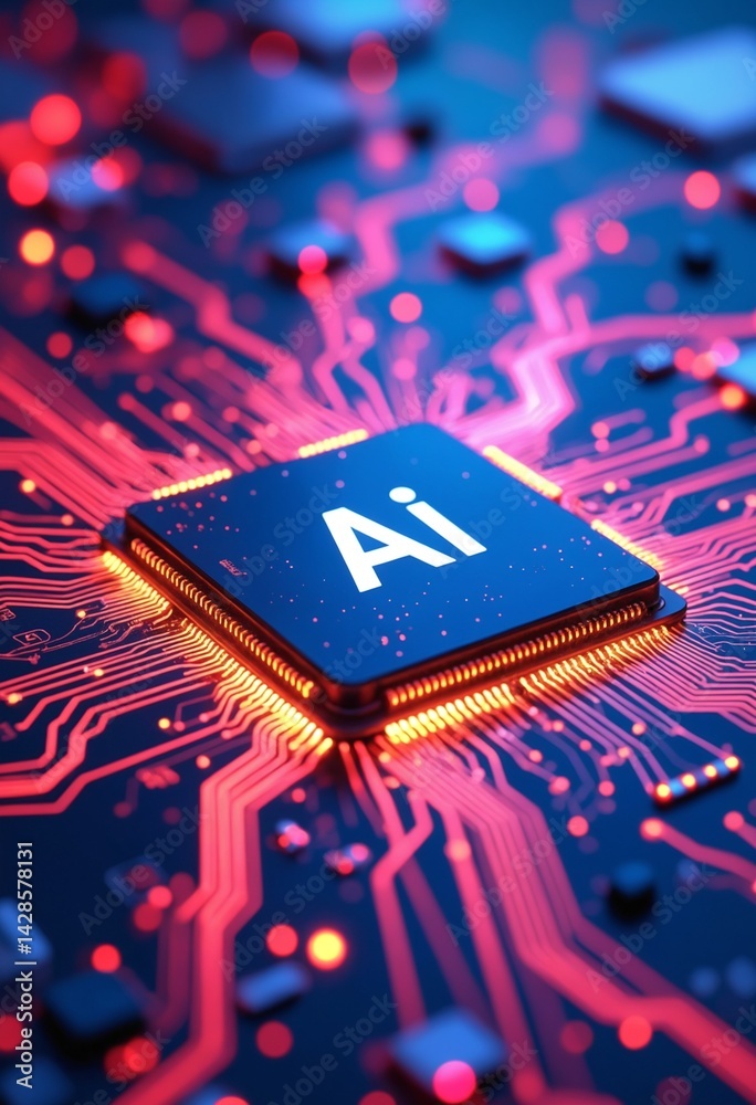Poster ai word on microchip and colorful light spread with strong beam , ai concept with copyspace banner b