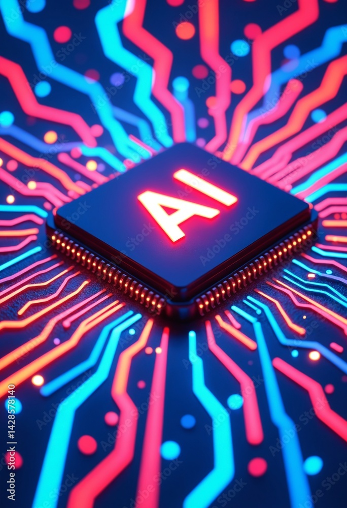 Poster ai word on microchip and colorful light spread with strong beam , ai concept with copyspace banner b