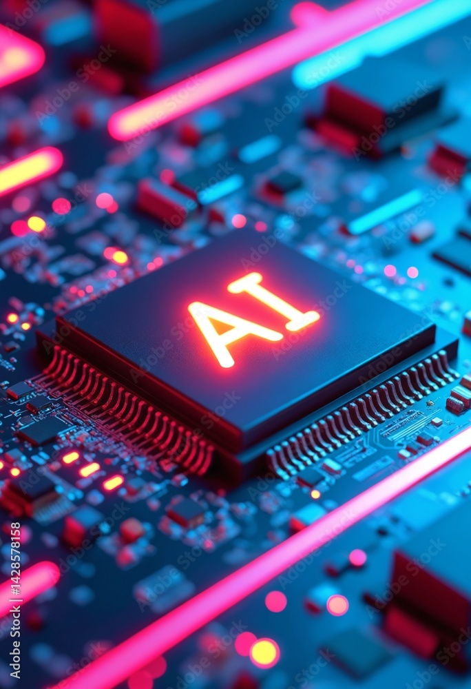 Aufkleber ai word on microchip and colorful light spread with strong beam , ai concept with copyspace banner b