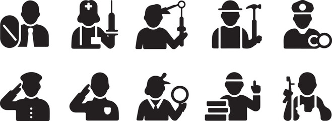 Ten Professions Icon Set Black Glyph Style