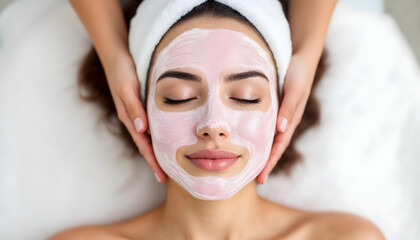 Young woman enjoying luxury professional facial mask treatment, enhancing her skin's radiance. Day at spa, beauty treatment. Top view