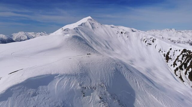 Group Of Mountaineers Over Caucasian Mountains In Svaneti Region, Georgia. Aerial Drone Shot