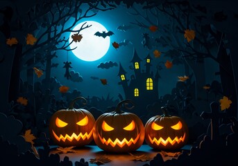 Fototapeta premium Three Glowing Jack-o'-Lanterns in Spooky Halloween Forest
