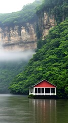 Fototapeta premium Serene Lakeside Cabin nestled amidst lush greenery and misty cliffs A tranquil escape in nature