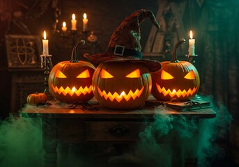 Three Glowing Jack-o'-lanterns on Wooden Table with Witch Hat