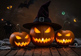 Three Glowing Jack-o'-Lanterns with Witch Hat and Halloween Decorations