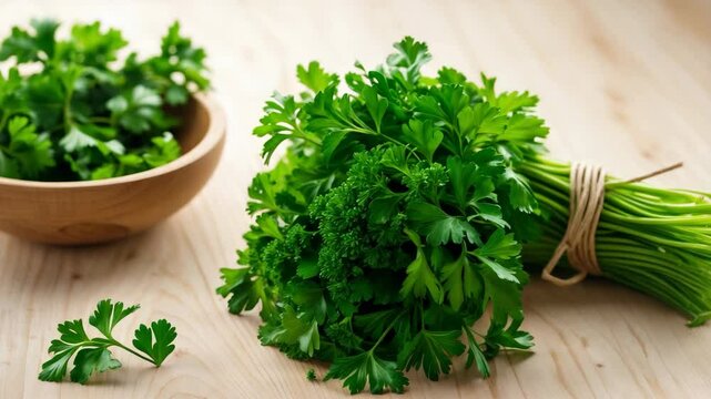 Fresh parsley resting on a light wood table