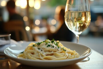 Steam rises from plate of creamy fettuccine Alfredo with parsley and white wine
