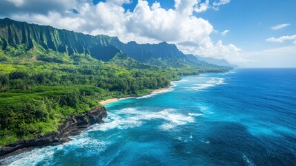 Lush mountains meet the ocean in Hawaii with clouds above. Ideal for travel ads, nature blogs, or backgrounds needing paradise.