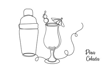 Piña Colada with Cocktail Shaker. Continuous One Line Vector Illustration.