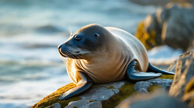 Fur Seals basking in the sun on a rock while gazing at the camera