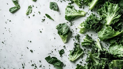 Fresh Green Leafy Vegetables Kale Spinach Salad Food Photography Healthy Eating Diet  Natural Ingredients Organic Produce  Vibrant Green Colors Kitchen Table Top View Flatlay Background Texture Raw   