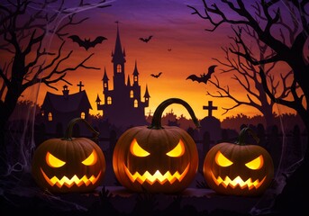 Three Jack-o'-Lanterns Before a Spooky Castle Silhouette