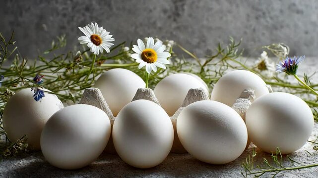 Fresh white eggs in a carton with wildflowers on a textured surface. Food still life.