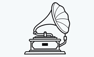 vintage gramophone silhouette, A black and white line art drawing of a vintage gramophone