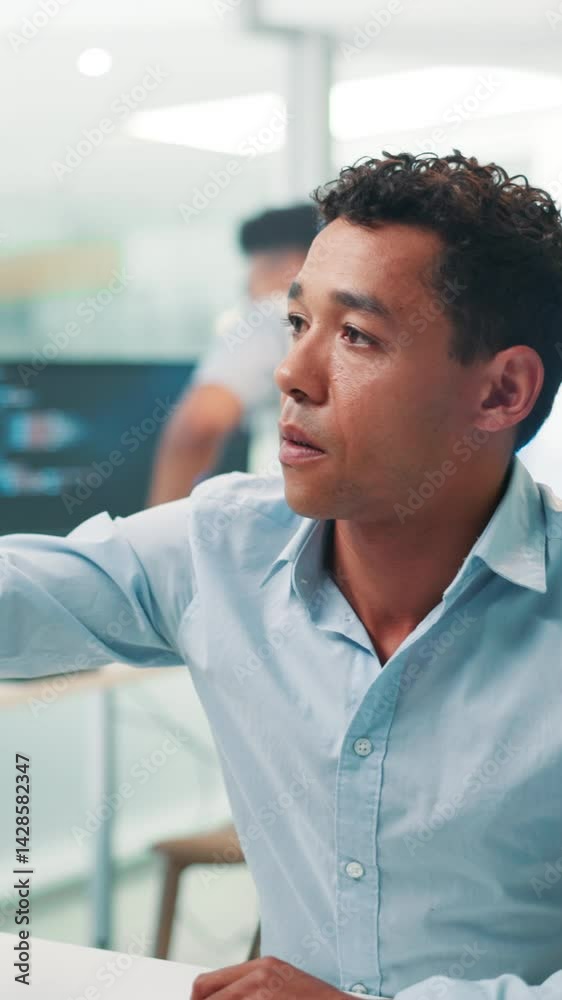 Aufkleber Man, programmer or problem solving with interactive display for UI design or UX at office. Male person, coder or app designer with career in computer science for system update or software development