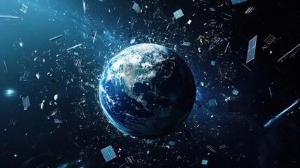 Obraz premium A floating Earth icon surrounded by orbiting satellites and space debris
