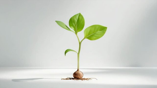 Lone green sprout growing against a white background.