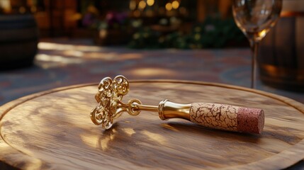 Ornate gold corkscrew on wooden board, outdoor wine bar