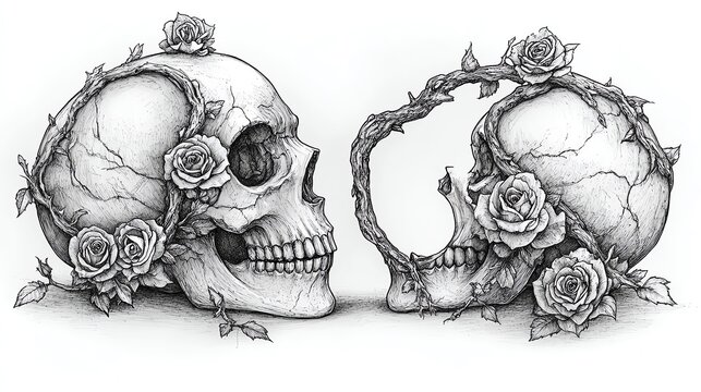 skull and roses forming yin yang composition, symbolic harmony, masterful black linework, spiritual tattoo concept, minimalist vector on white
