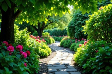 Fototapeta premium Stone pathway winding through garden, lush foliage framing path, photography, foliage, picture