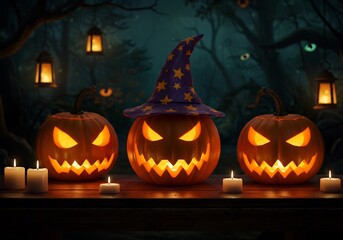 Three Jack-o'-Lanterns with Witch Hat in Dark Forest
