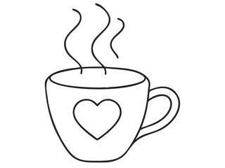 Charming Line Art of a Coffee Mug with Steam and Heart for Cozy and Warm Designs