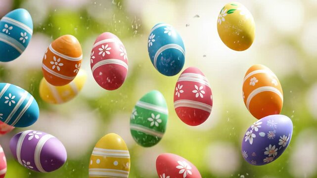 Colorful Easter eggs with floral pattern floating against a blurred background.