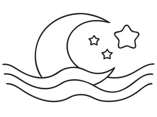 Soothing Line Art of Ocean Waves with Moon and Stars for Nighttime and Nature Designs