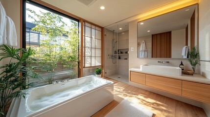 Modern bathroom with large bathtub filled with bubbles, surrounded by lush greenery and natural light, offering a serene and luxurious relaxation space.