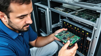 A technician examines a circuit board while working on a server rack, showcasing the intricate details of computer hardware and technology.