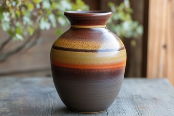Earthenware vase has brown, orange, yellow stripes on wooden surface. Use this image for design or decoration concepts.